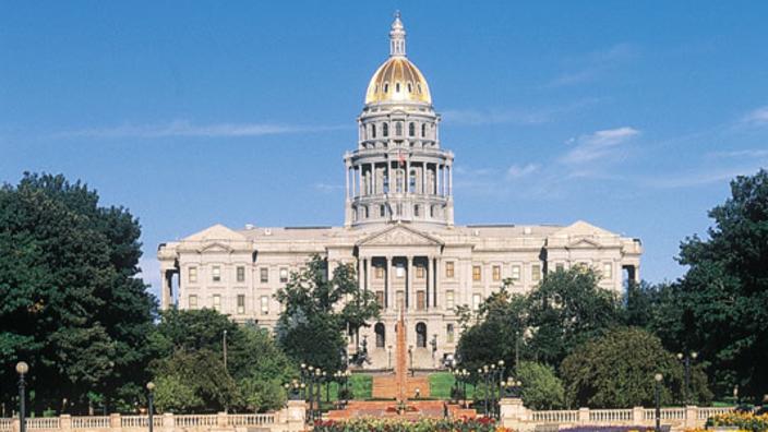 The Colorado Capitol in front of a clear blue sky