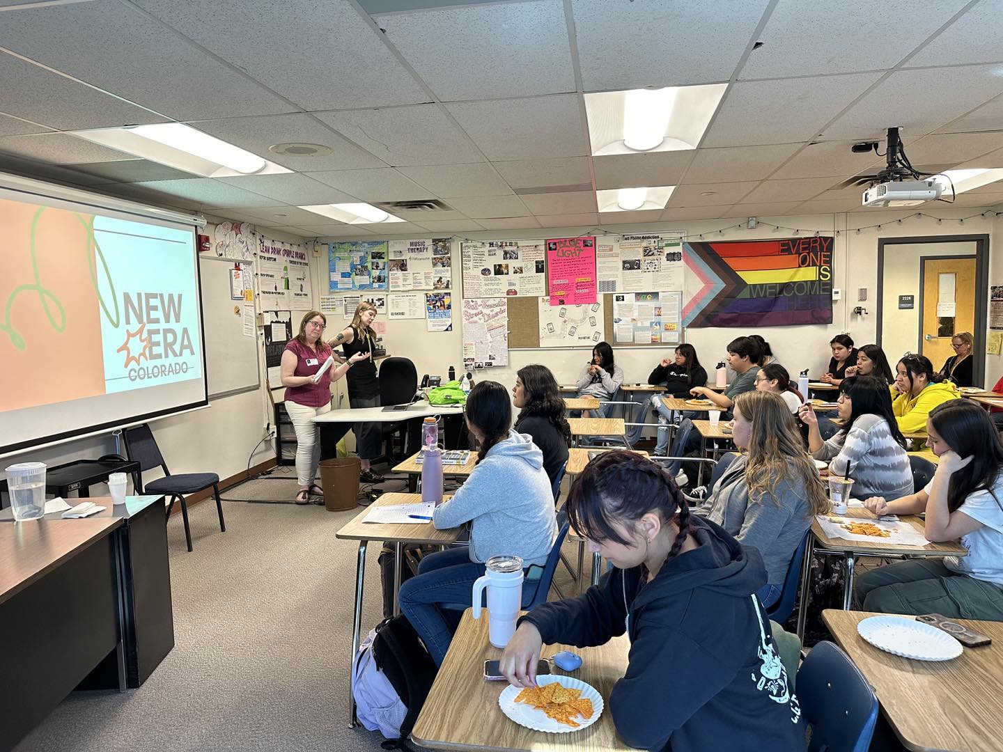 New Era Senior Organizing Manager Kate Kelly presents at Boulder High School's Pantherz Z Club in May 2024.