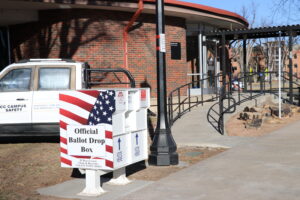 A ballot drop box is pictured outside of the Boettcher Center at Colorado College.